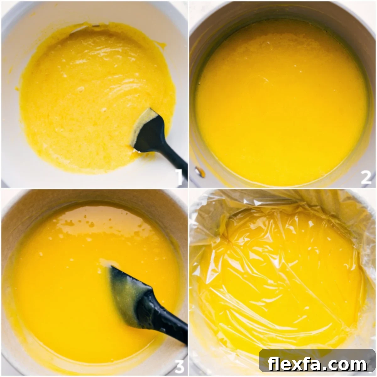 The lemon curd mixture thickening in a saucepan over low heat, being constantly stirred with a rubber spatula to ensure a smooth and consistent texture.