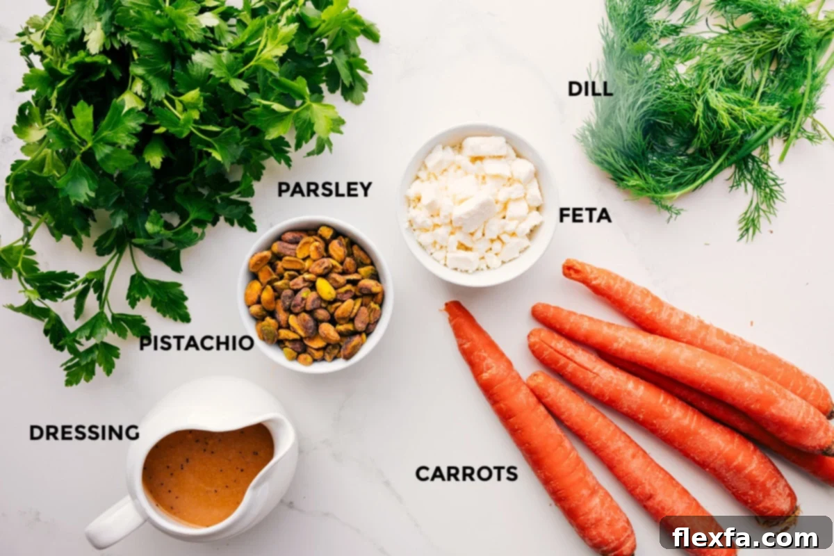 All the fresh ingredients for this delicious ribbon carrot salad recipe are meticulously prepped and laid out for easy assembly, including vibrant fresh parsley, aromatic dill, bright green pistachios, crumbled feta cheese, and of course, perfectly julienned carrots, alongside the key dressing components.