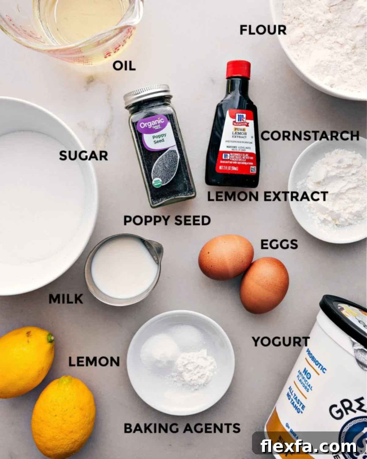All ingredients, separated into wet and dry categories, are neatly arranged and ready for the baking process, showcasing precise measurement.