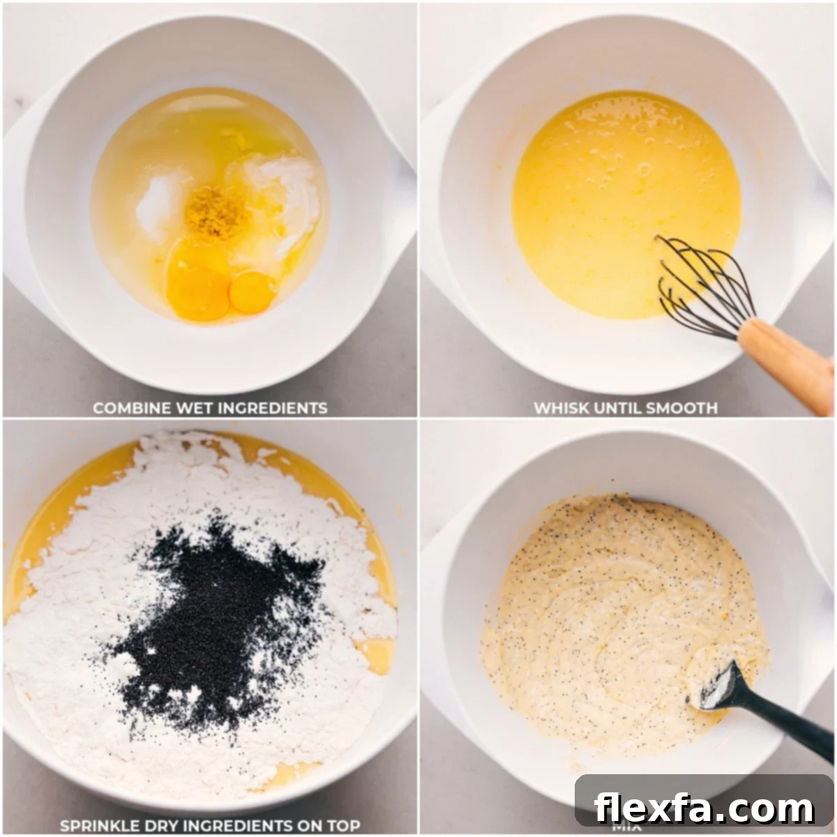 A hand whisking wet ingredients in a bowl as dry ingredients are being carefully added from another bowl.