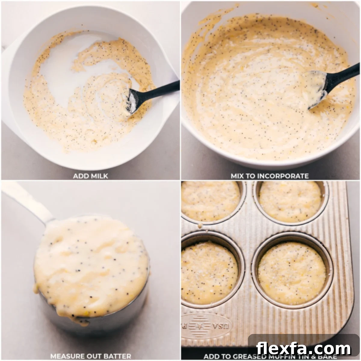 Lemon poppy seed muffin batter being scooped precisely into the individual cups of a muffin tin, ensuring even portions.