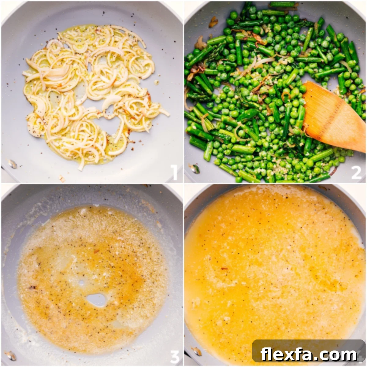 Shallots and garlic sautéing in oil, followed by peas and asparagus, then removed while liquids are added to the pot for this asparagus pasta recipe.
