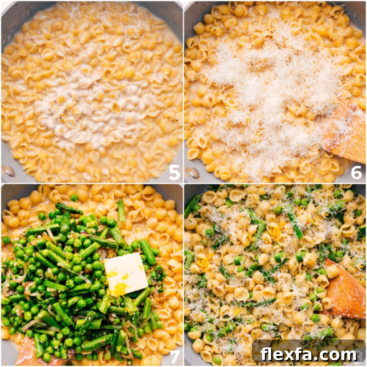 Pasta added to the pot with milk, cheese, and sautéed vegetables, all stirred together into a creamy, cheesy dinner.
