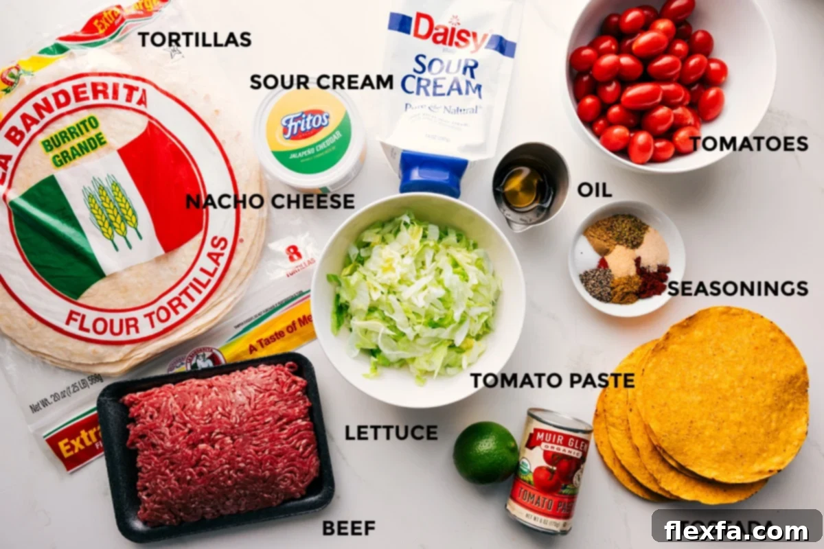 A vibrant display of all the fresh and prepared ingredients for the Crunchwrap Supreme recipe, including large tortillas, seasoned ground beef, crisp lettuce, diced tomatoes, creamy sour cream, and rich nacho cheese, arranged for easy assembly.