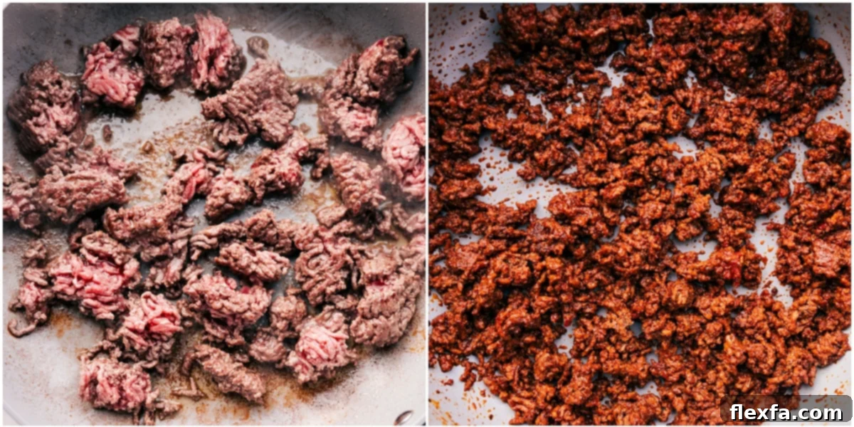 Close-up of ground beef being seasoned and cooked in a large skillet, developing rich flavors for the Crunchwrap Supreme filling.