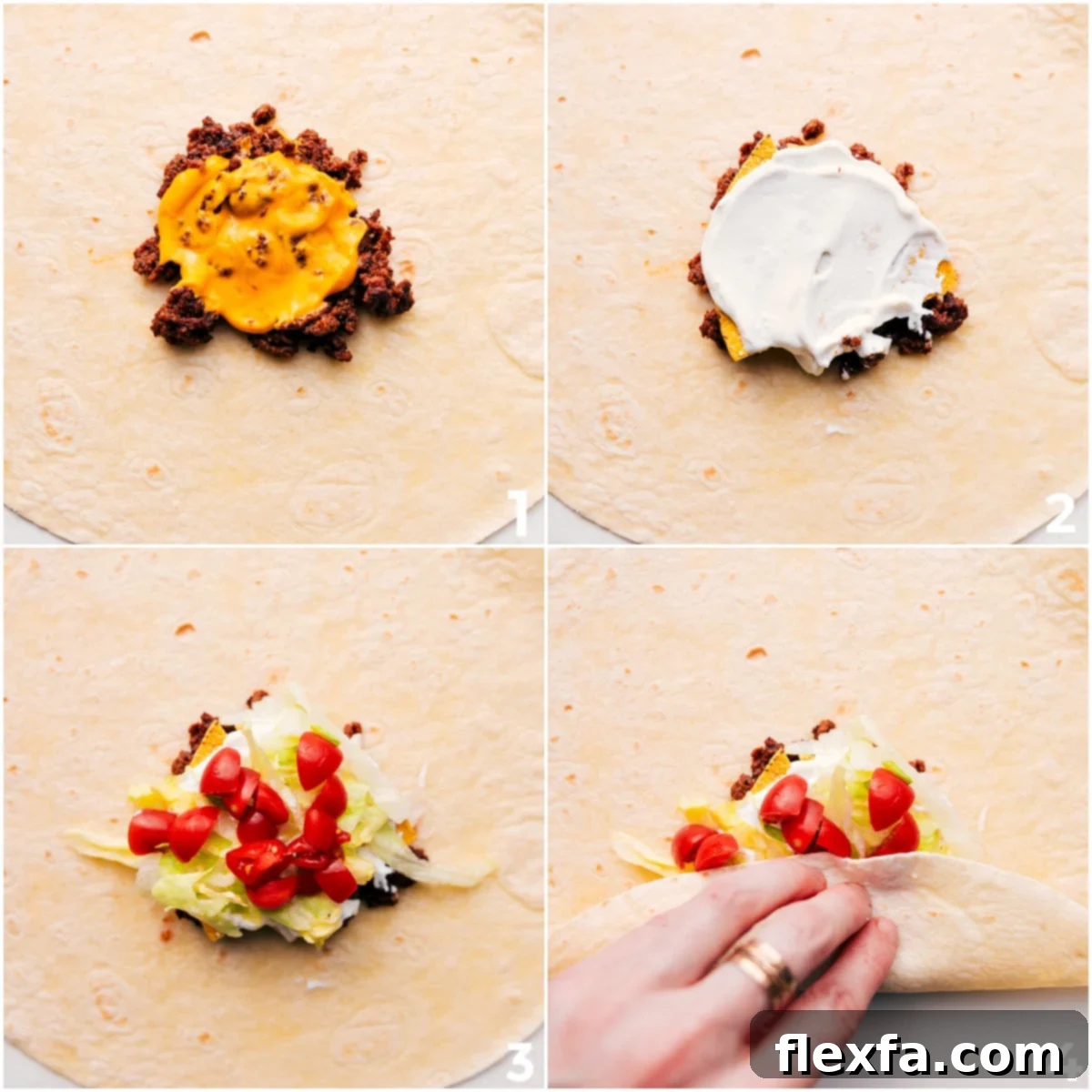A series of images demonstrating the assembly of a Crunchwrap Supreme, showing the layering of seasoned beef, nacho cheese, a crisp tostada, sour cream, lettuce, and tomatoes within a large tortilla.