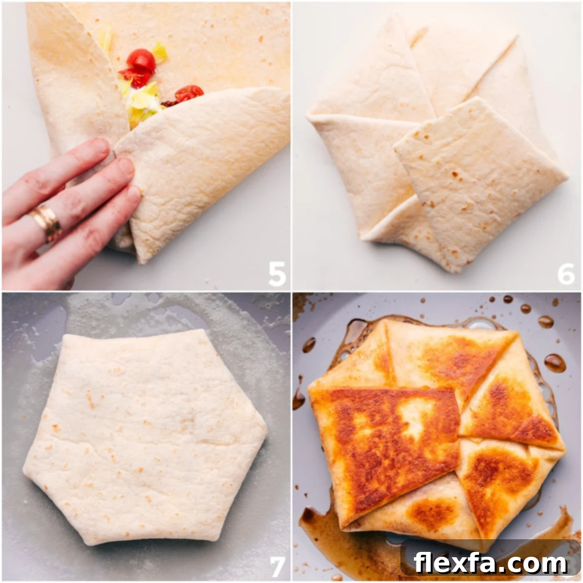 A sequence illustrating the precise folding of the Crunchwrap Supreme into its iconic hexagonal shape, followed by images of it being pan-toasted until perfectly golden and crisp on both sides, ensuring a sealed and delicious wrap.