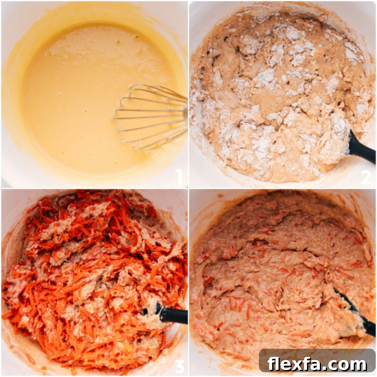 Wet and dry ingredients being carefully mixed together in a large mixing bowl to create the batter for simple, one-bowl healthy carrot muffins.