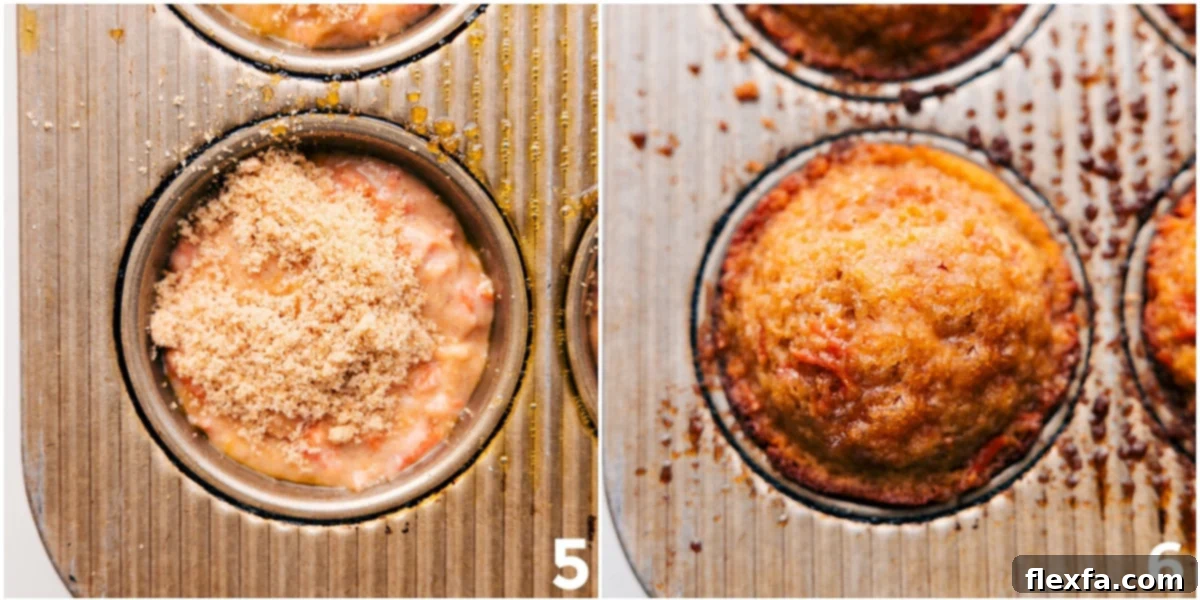 Muffin batter filled into a muffin tin and topped with a sprinkle of brown sugar, ready for baking to achieve golden perfection.