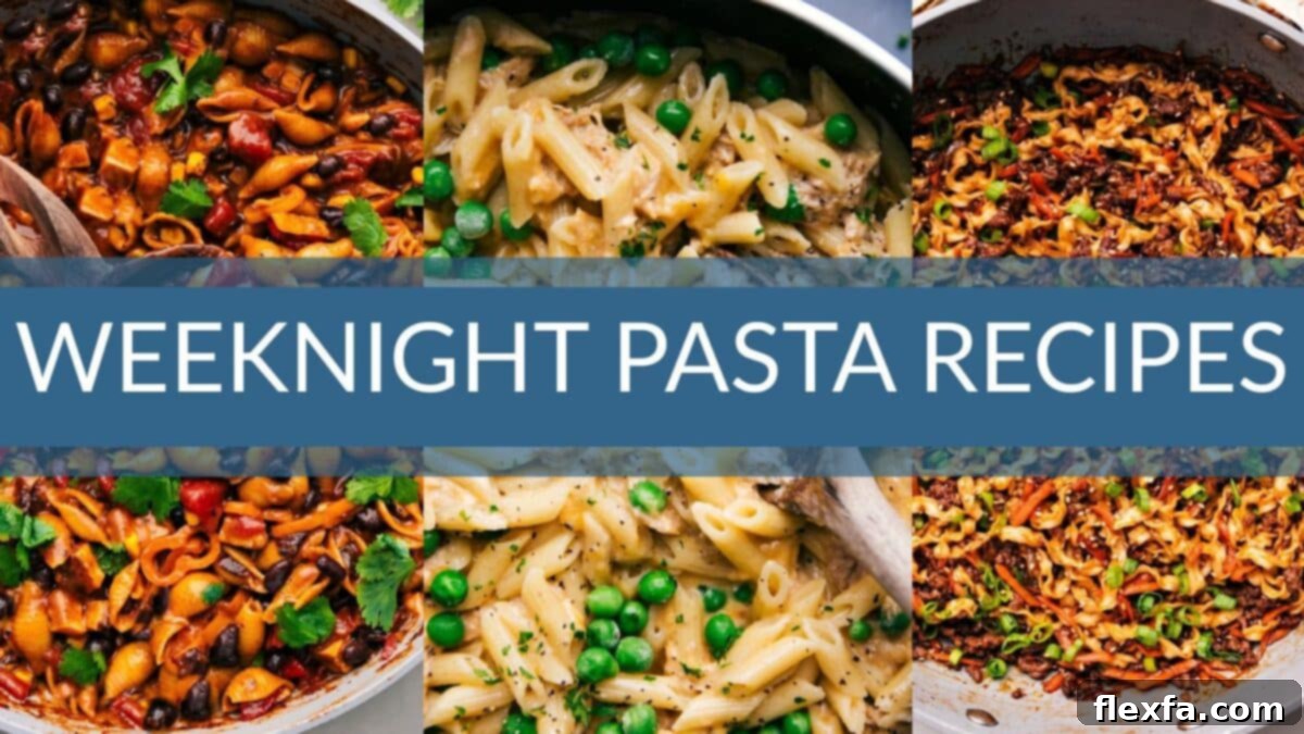 A vibrant spread of various easy pasta dishes, showcasing different shapes, sauces, and fresh ingredients, perfect for weeknight dinners.