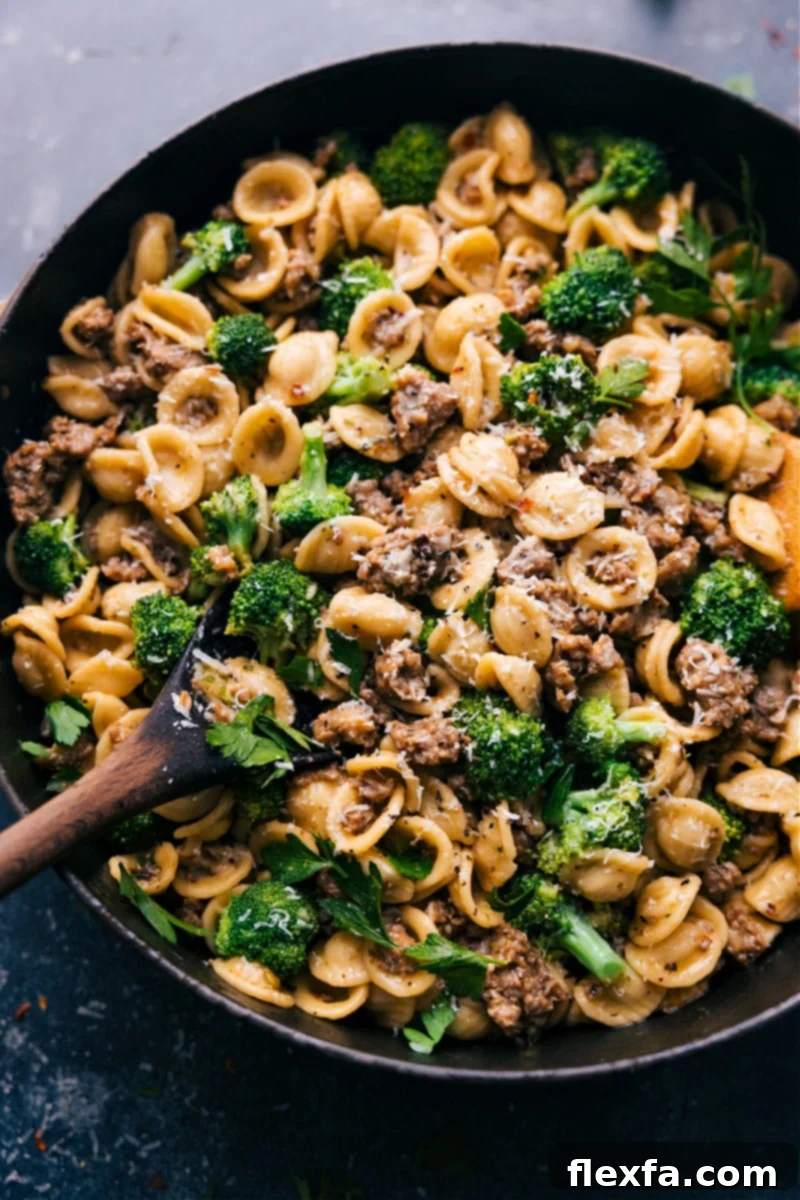 A vibrant bowl of Broccoli Sausage Pasta, featuring tender pasta, savory sausage, and fresh broccoli in a light, flavorful sauce.