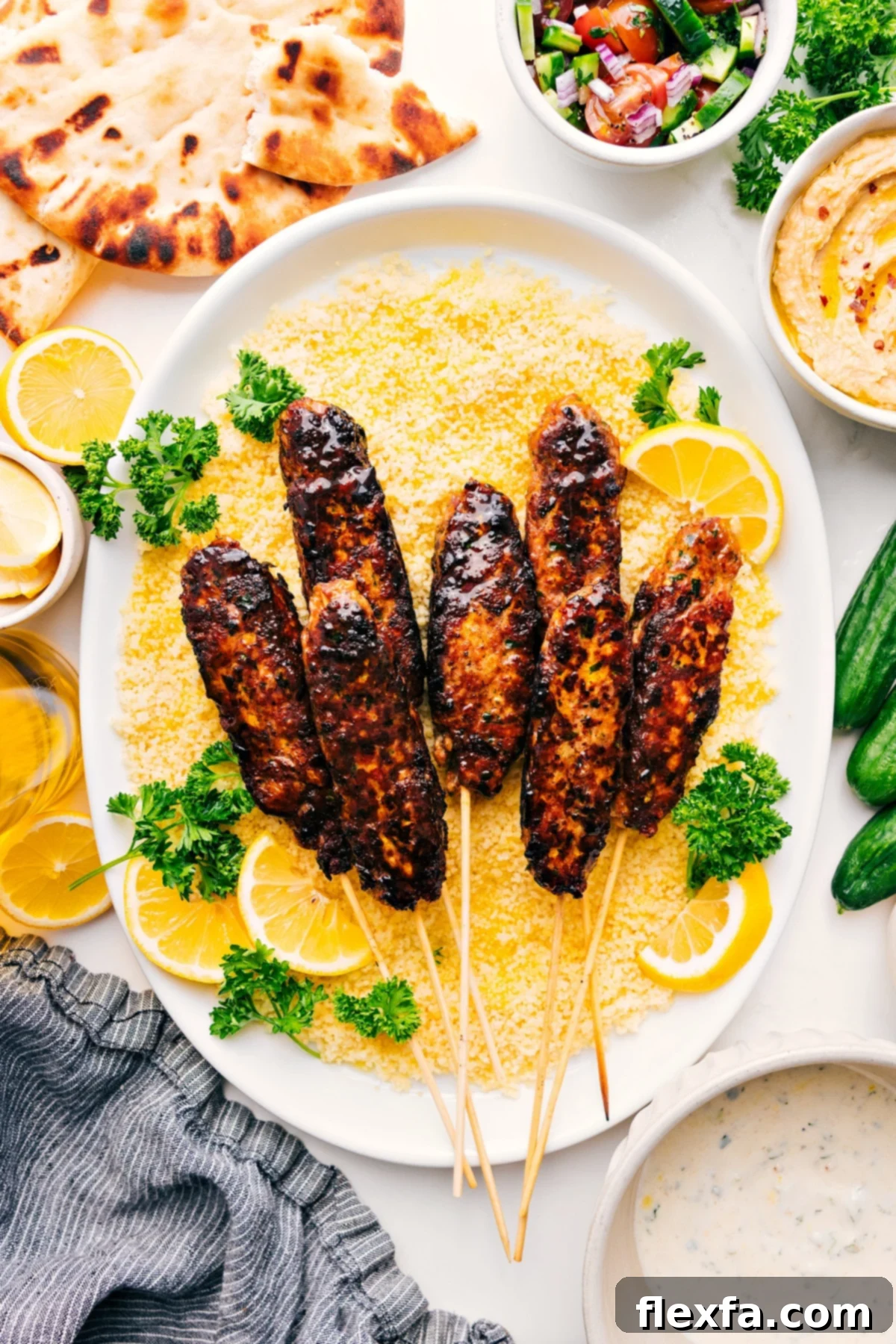 Flavorful chicken kofta skewers served elegantly on a bed of fluffy couscous, highlighted in an easy chicken recipes collection.