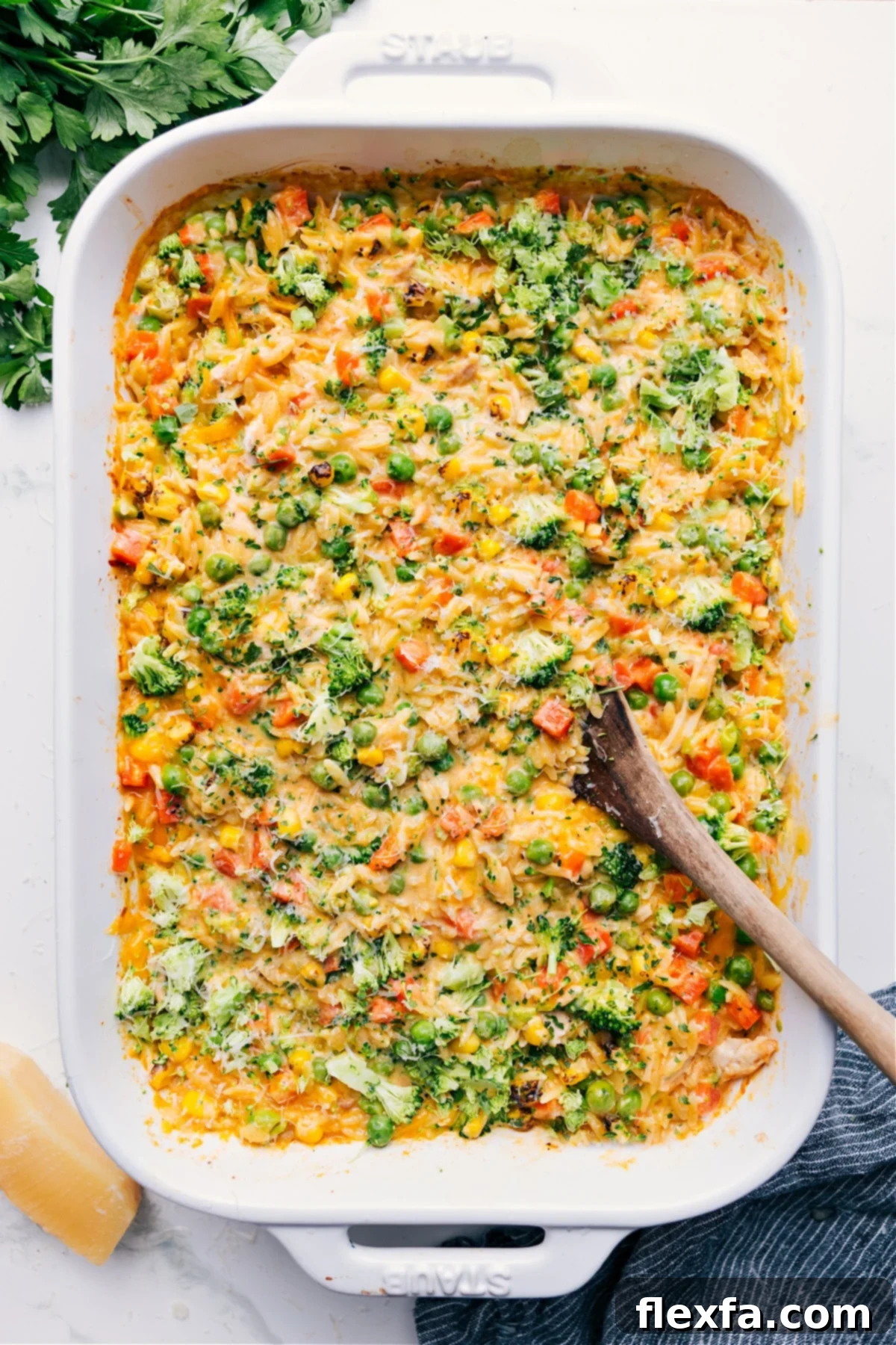 A savory one-pan creamy, cheesy chicken orzo bake, bubbling hot and ready to eat.
