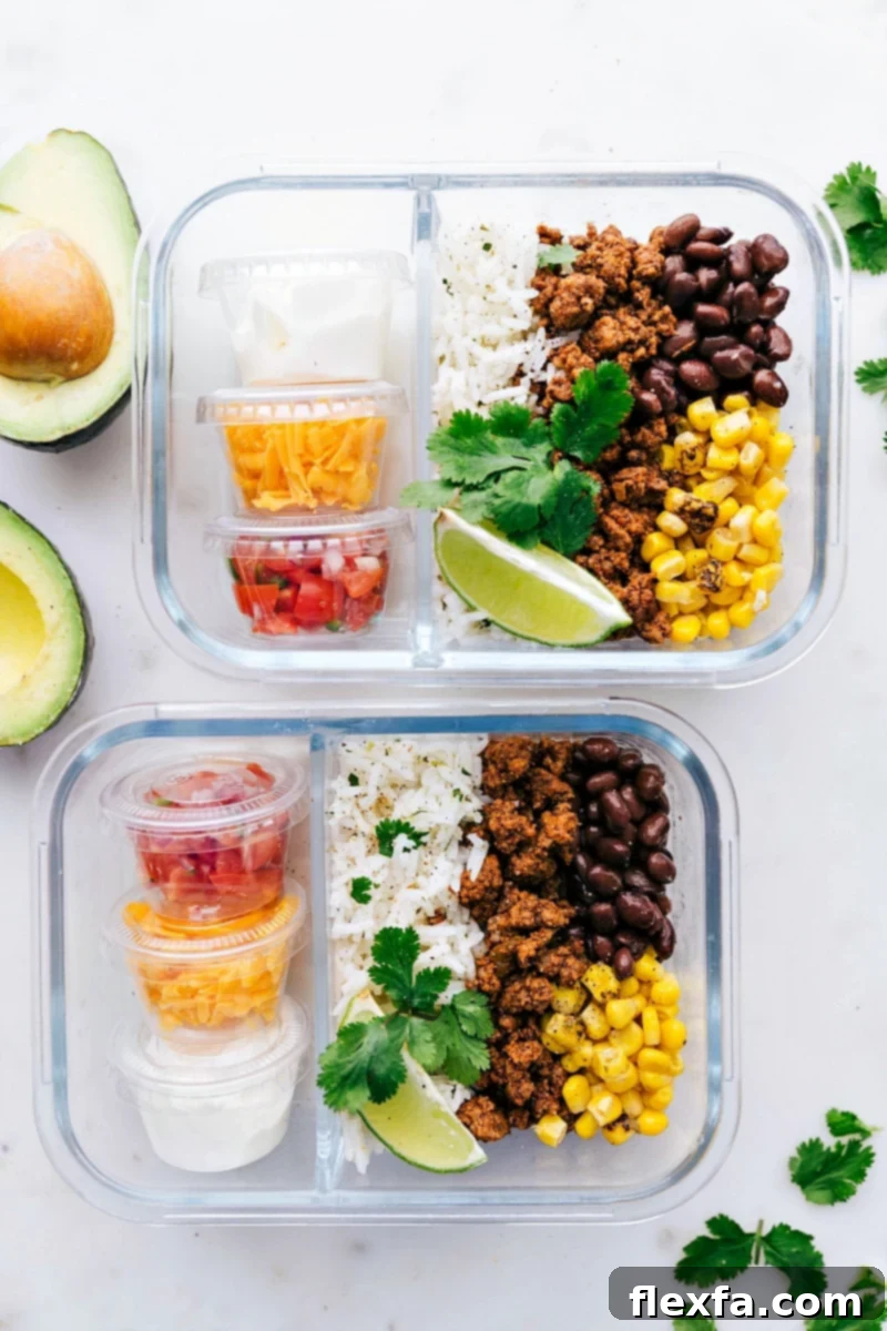 Healthy ground beef recipes: Convenient meal prep taco bowls, perfect for a week of wholesome and delicious lunches or dinners.