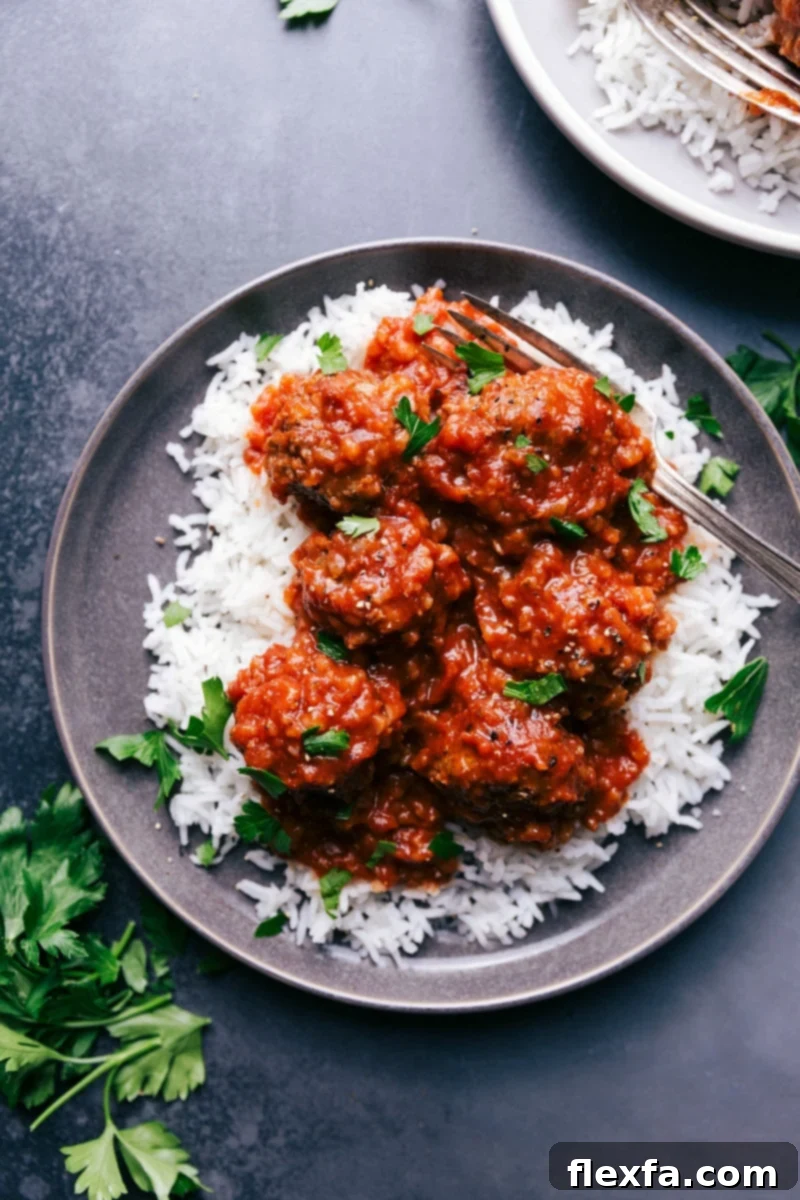 Hearty Porcupine Meatballs, served over a bed of fluffy rice and garnished with fresh herbs for a comforting meal.