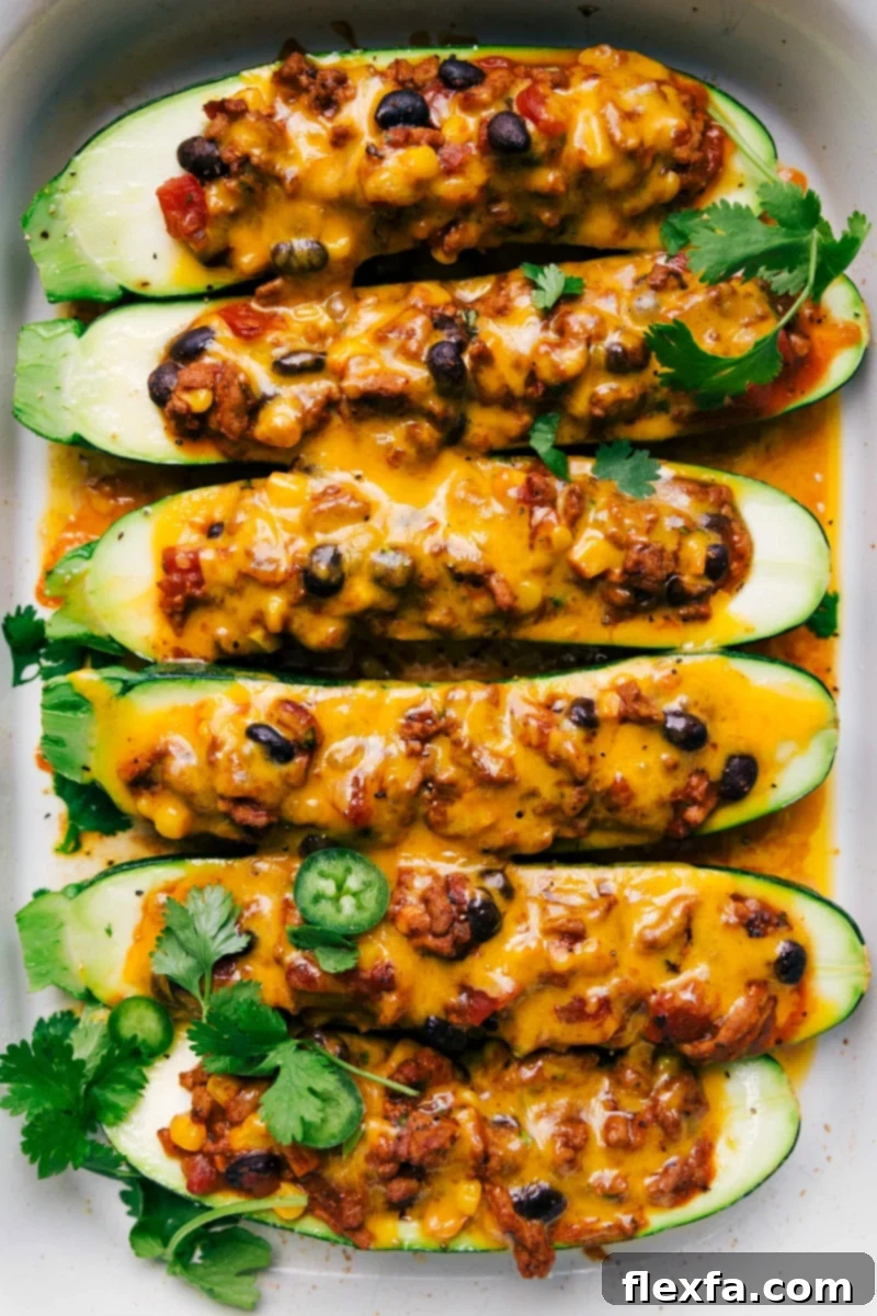 Hearty Mexican Zucchini Boats, generously filled with seasoned ground meat, enchilada sauce, black beans, corn, and topped with melted cheese and fresh herbs.