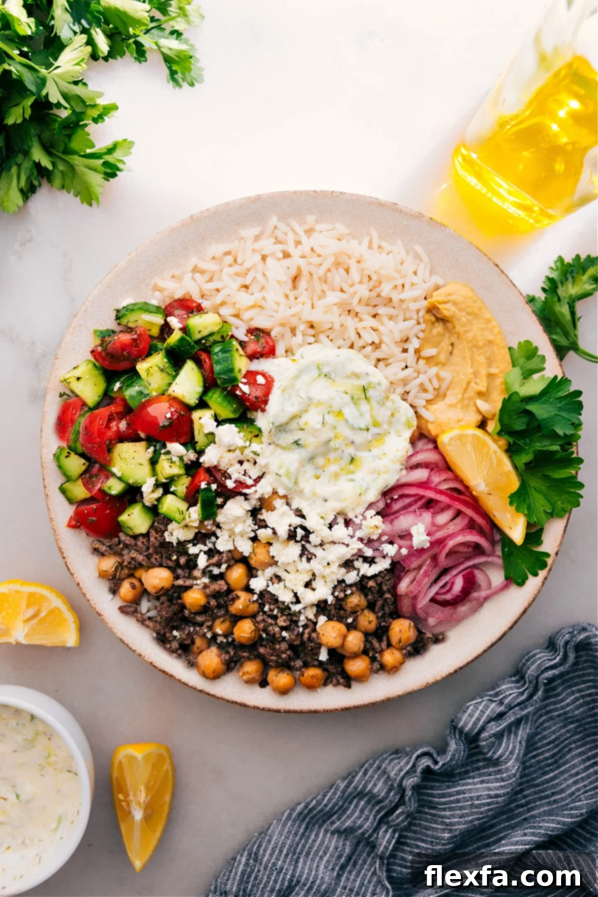 Delicious and easy Greek Beef Bowls, perfect for customizing with your favorite Mediterranean toppings.