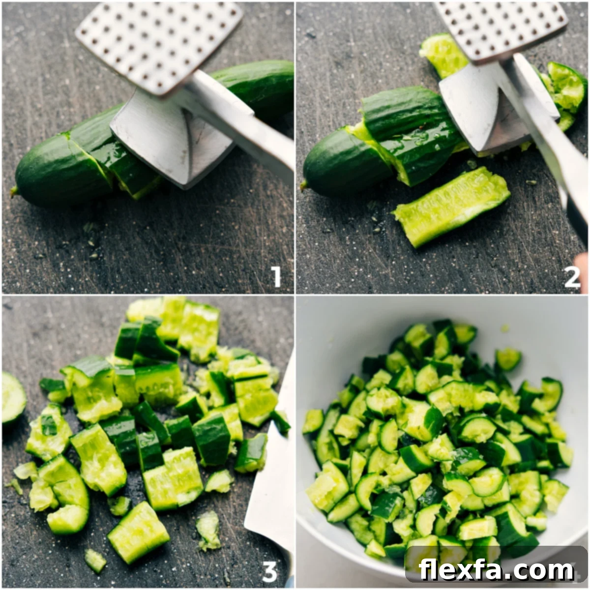 The process of smashing cucumbers with a mallet, then chopping them into bite-sized pieces, and finally adding them to a bowl with other ingredients for the smashed cucumber salad.