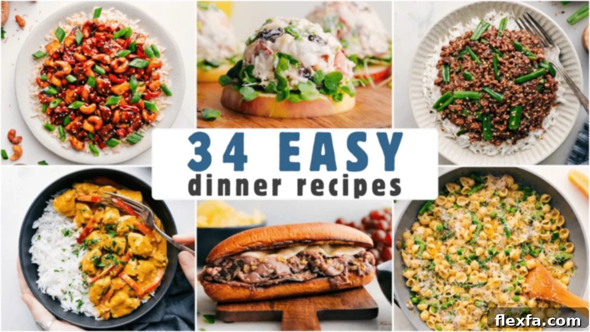 A vibrant collage showcasing various easy dinner recipes, including chicken thighs, Mongolian beef, coconut curry, and more, all ready for busy weeknights.