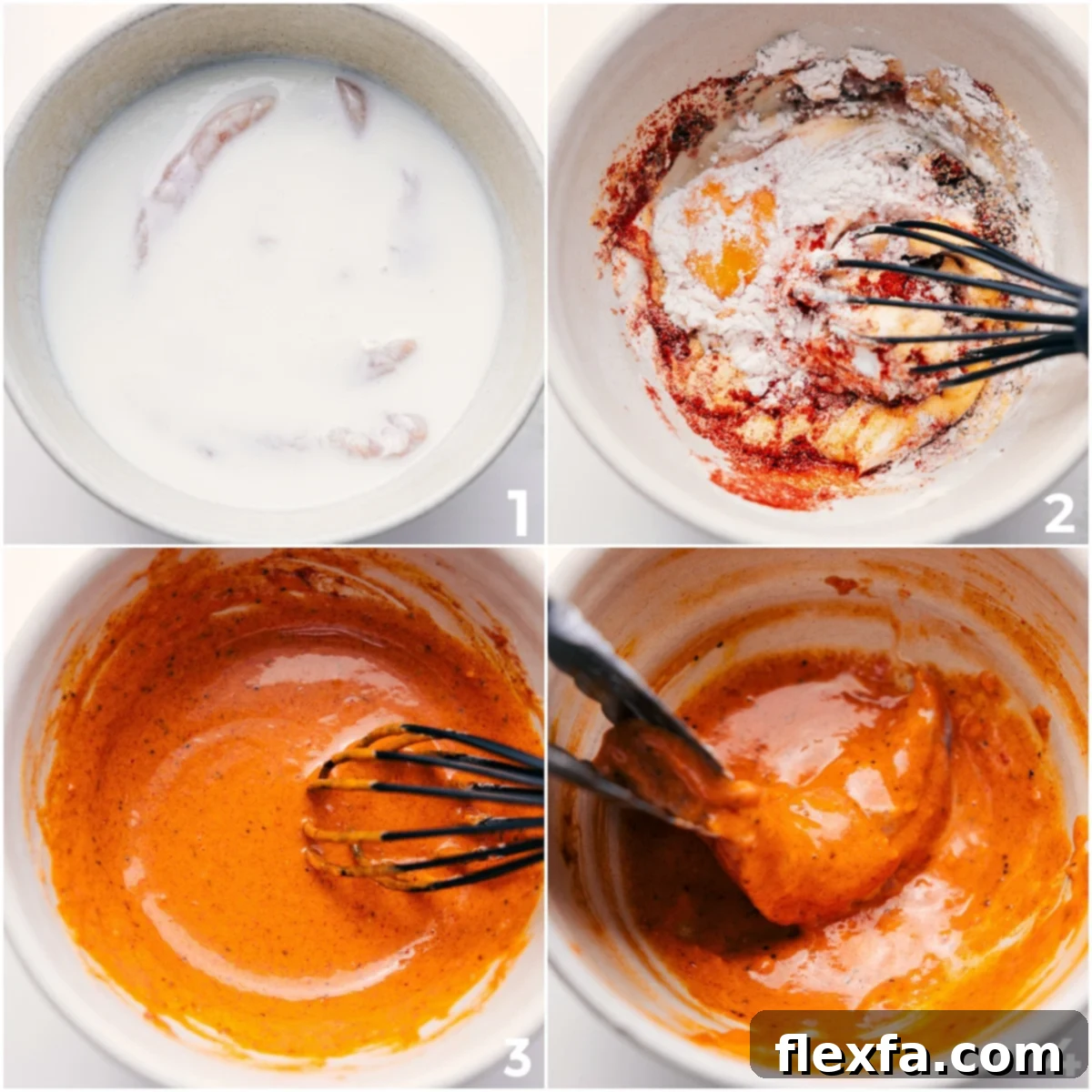 A sequence of images showing chicken tenders being dipped in buttermilk, then coated in a wet batter, and finally pressed into a panko-Parmesan mixture.