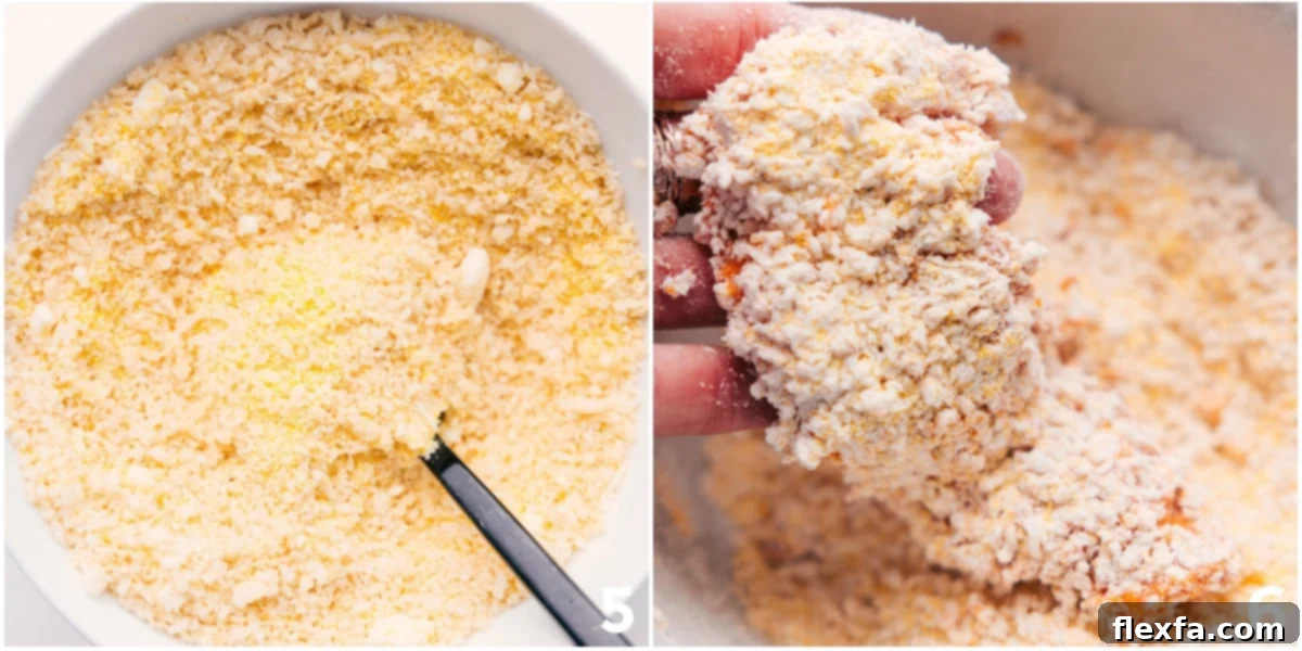 The process of coating chicken in the cheese and breadcrumbs mixture before cooking to ensure an even, crispy breading.