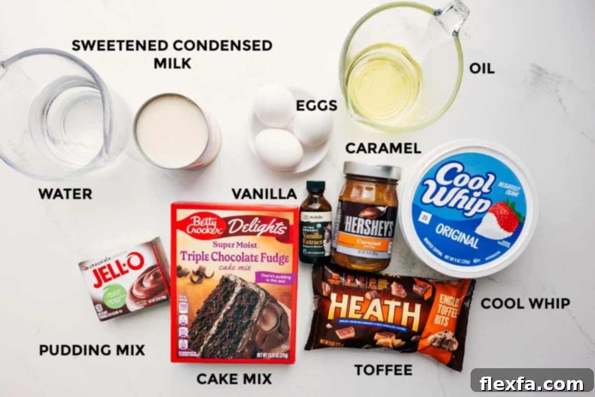 All the essential ingredients for making this delicious chocolate poke cake are meticulously prepped and laid out for easy assembly, including sweetened condensed milk, water, chocolate pudding mix, chocolate cake mix, toffee bits, cool whip, caramel sauce, vanilla extract, vegetable oil, and eggs.