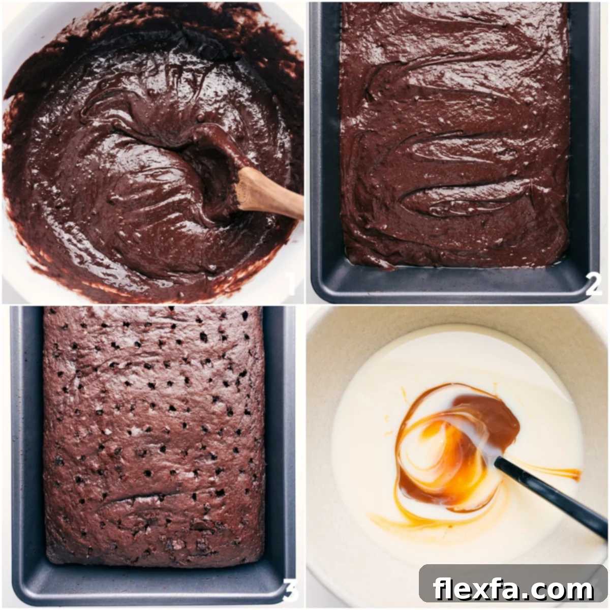 The sequential steps of making chocolate poke cake: mixing the batter, pouring it into a pan, baking, then poking holes and pouring the caramel and sweetened condensed milk mixture over the warm cake.