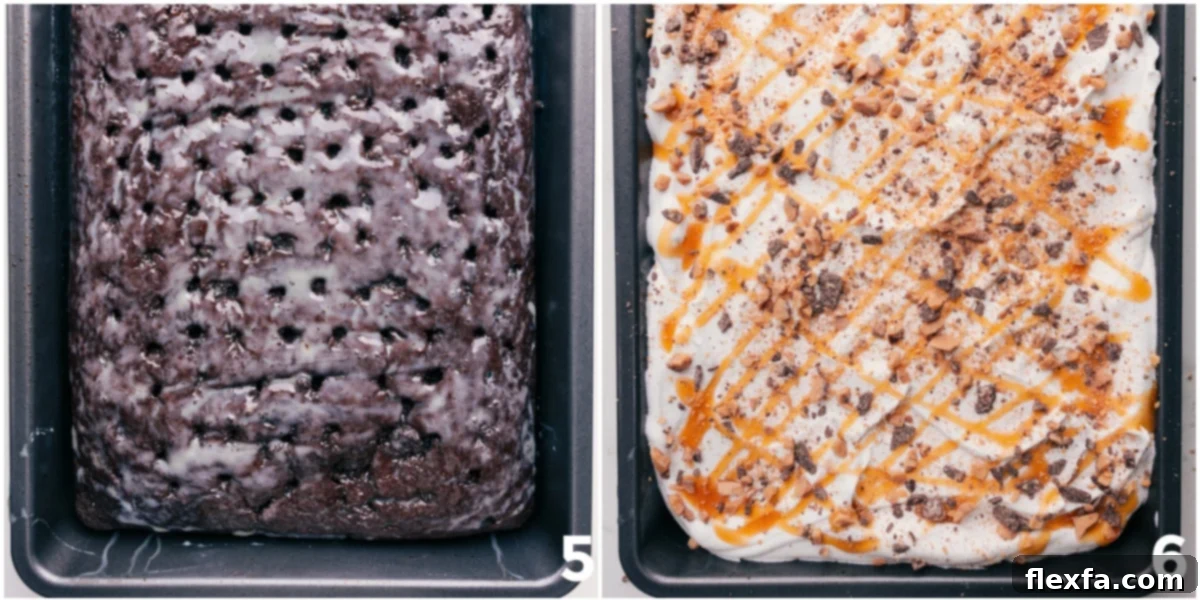 A freshly baked, frosted, and adorned chocolate poke cake, generously topped with Heath toffee bits and rich caramel sauce.