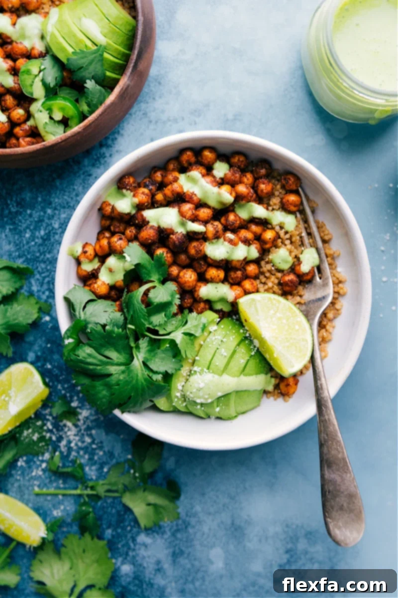 Flavorful Mexican chickpeas served over quinoa, topped with creamy cilantro lime sauce, fresh avocado, and cilantro.
