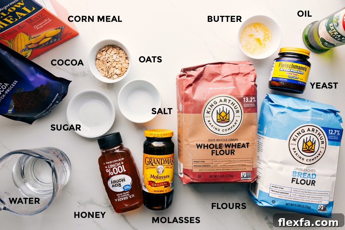 All the ingredients in this recipe prepped out for easy assembly including the corn meal, cocoa. sugar, water, honey, molasses, salt, oats, flours, yeast, butter, and oil.