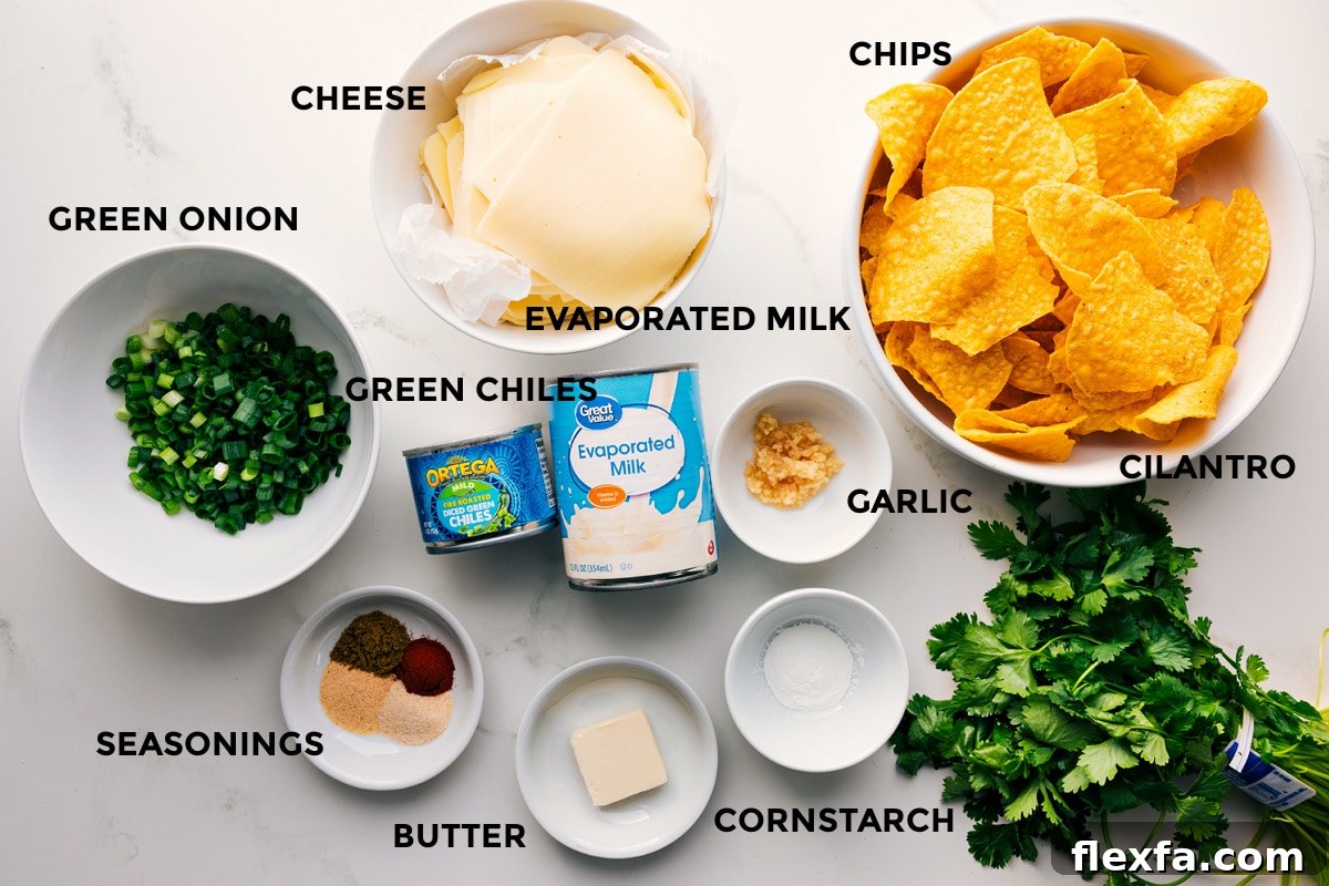 All the ingredients in this recipe prepped out for easy assembly including the green onions, seasonings, butter, cornstarch, cilantro, garlic, evaporated milk, green chiles, and cheese.