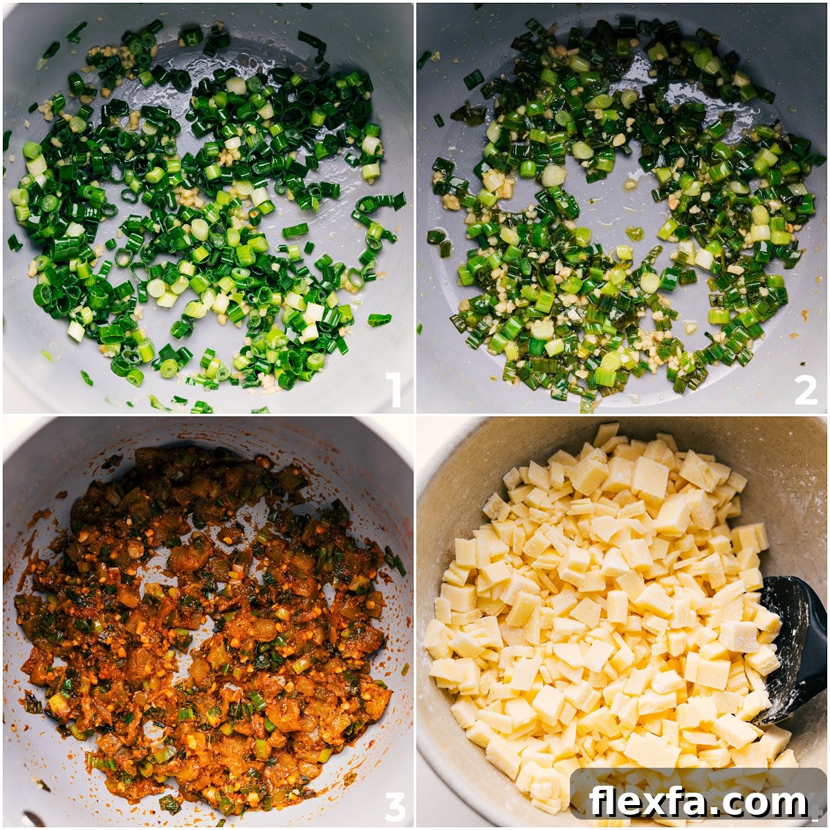 Onions and garlic sautéing in a pan, then seasonings and cheese added to make this queso recipe.