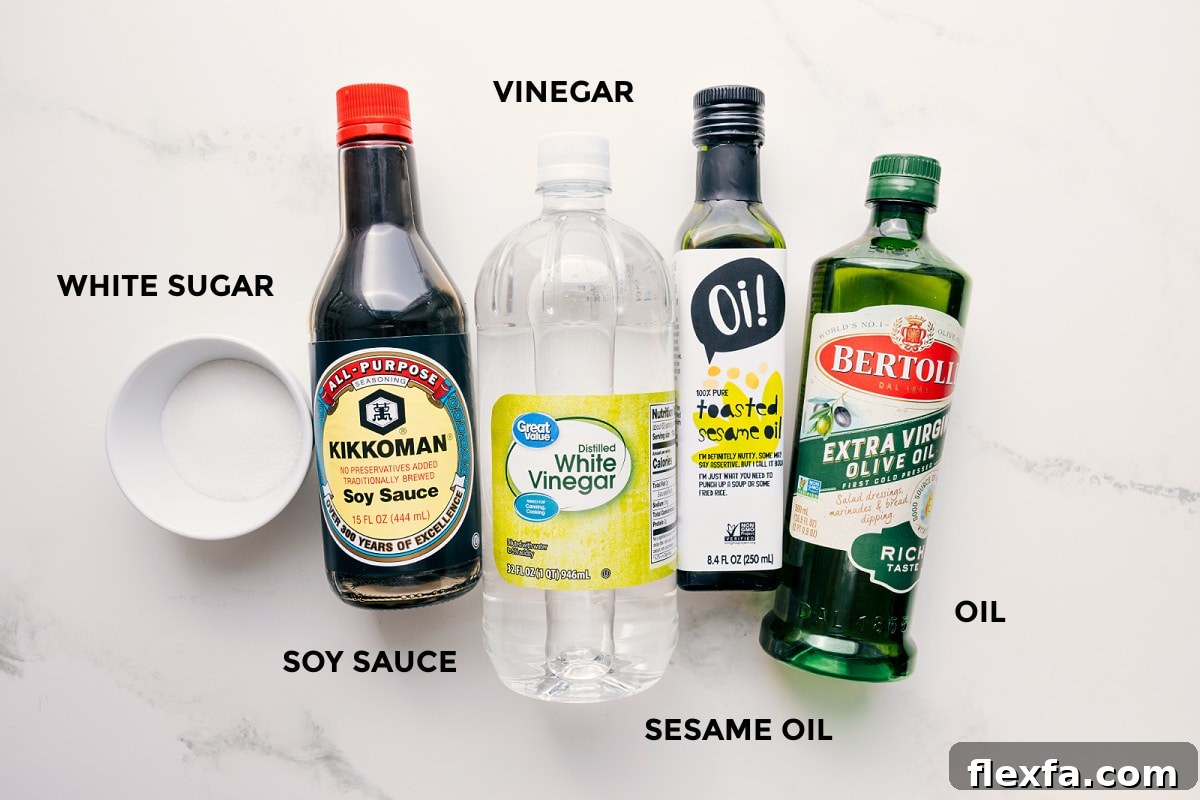 The sauce ingredients in this roman noodle salad recipe prepped out.