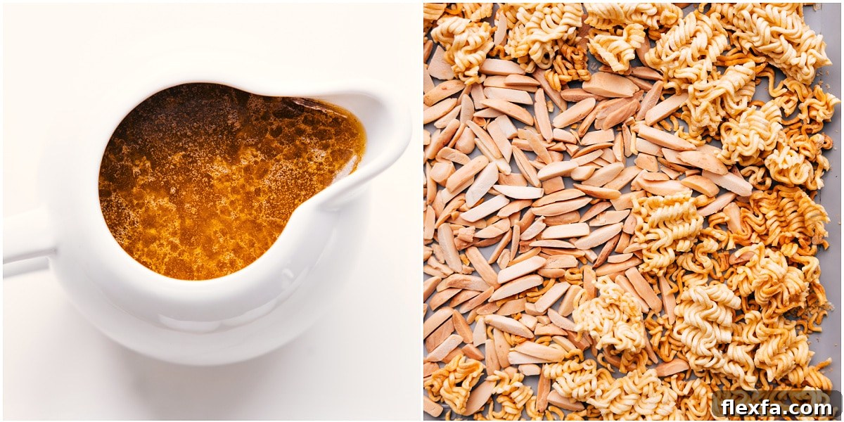 The sauce in a jar and the almonds and ramen and it all being toasted on a tray.
