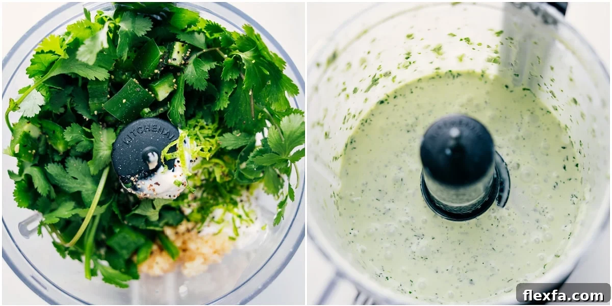 Mexican slaw recipe dressing ingredients blended together in a food processor.