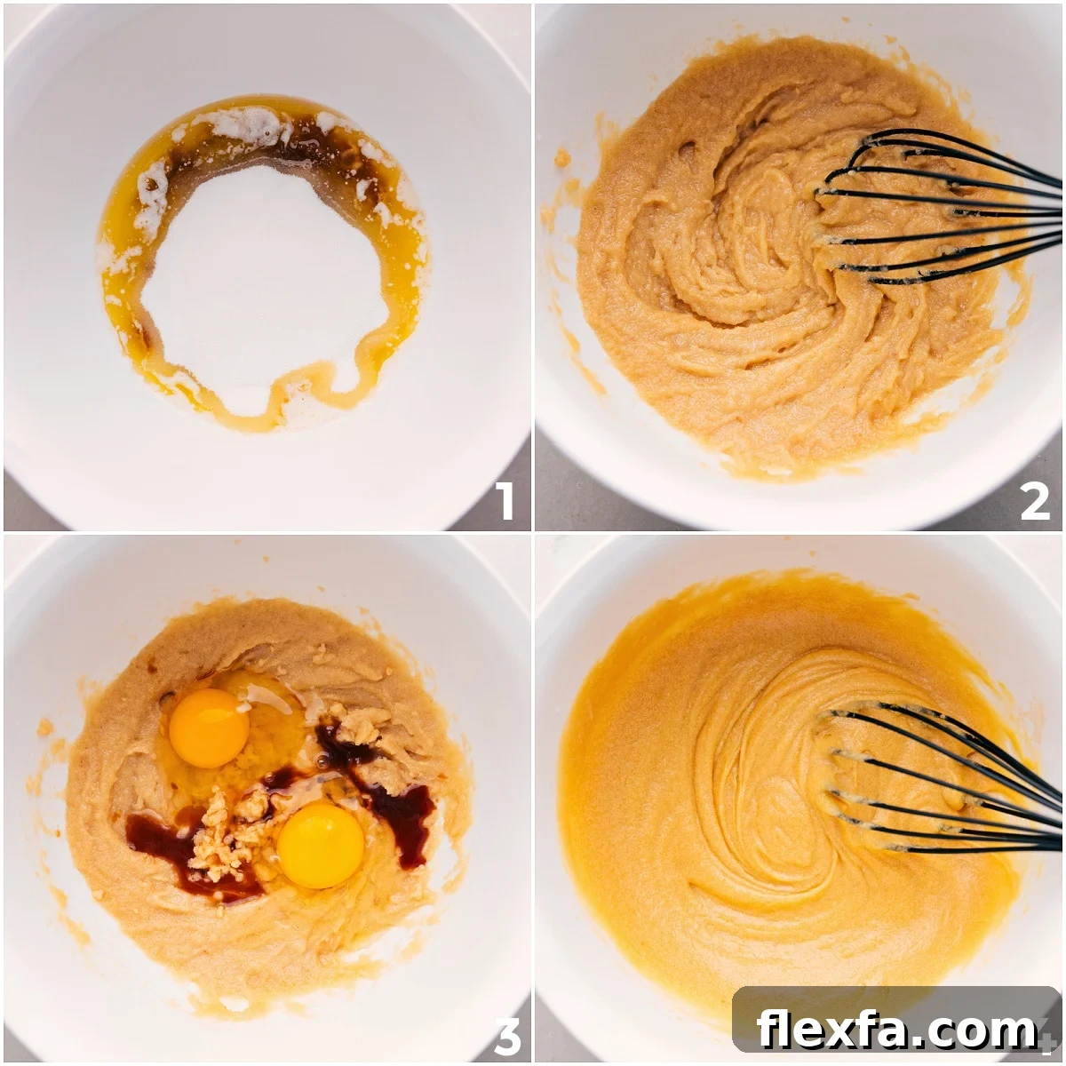 All the wet ingredients for this recipe whisked together in a large bowl.