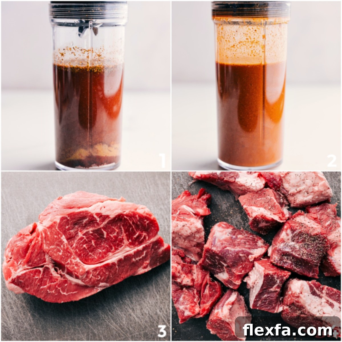 A collage showing the steps to make Barbacoa Beef: searing the beef chunks, blending the sauce, and adding it all to the slow cooker.