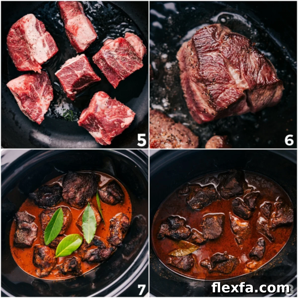 The seared beef chunks in the slow cooker with the rich red barbacoa sauce poured over them before cooking.