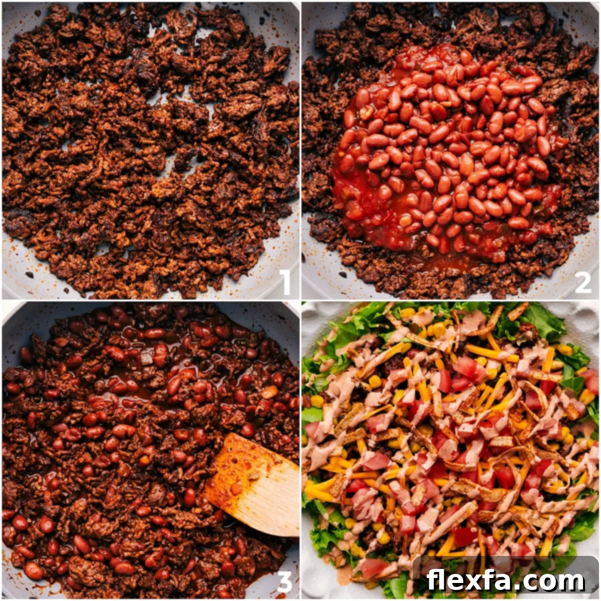 A collage showing the process of making taco salad: browning the beef, adding beans and salsa, and finally topping the salad with the finished meat mixture.