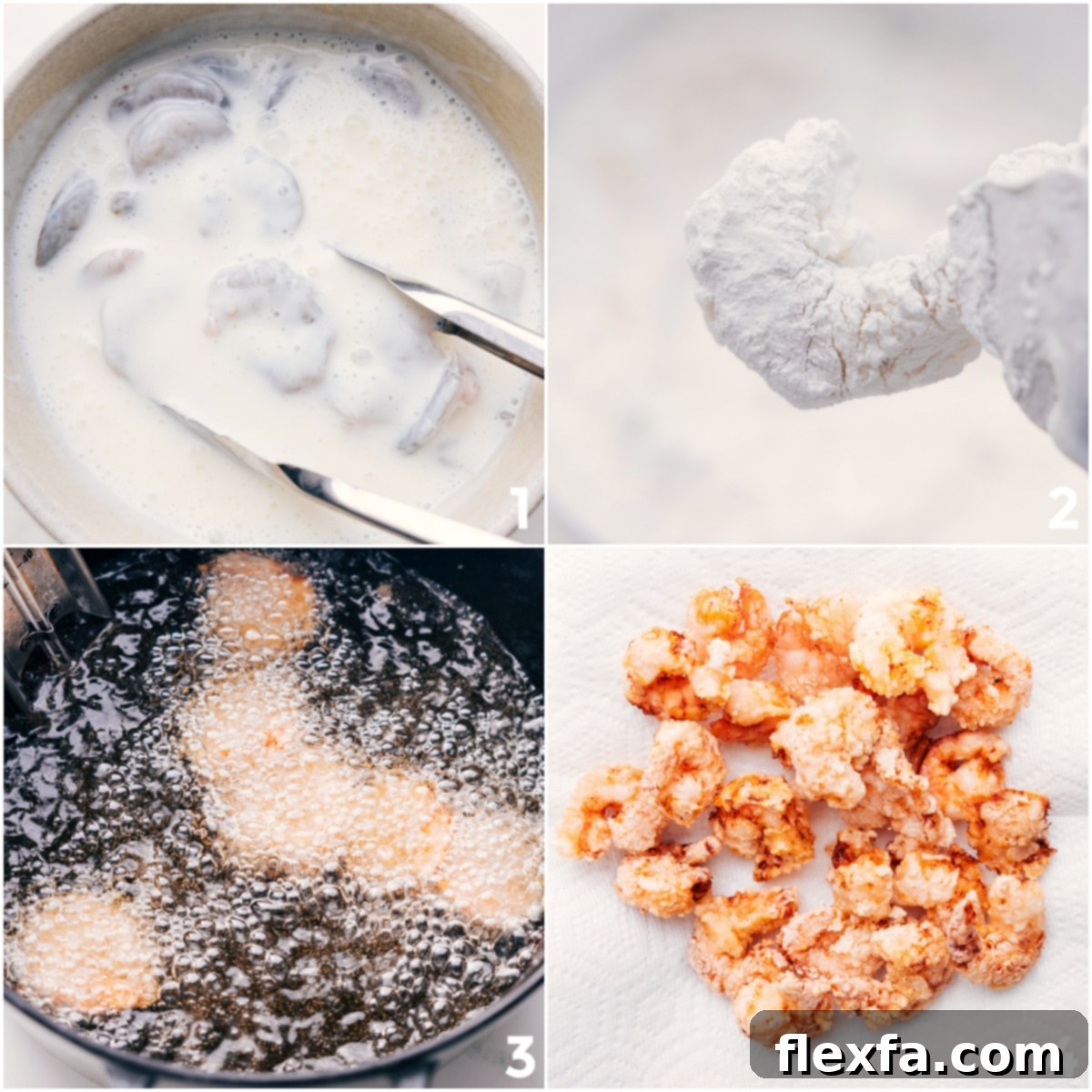 A four-panel photo collage showing the process of making Bang Bang Shrimp: soaking in buttermilk, coating in cornstarch, frying in hot oil, and the final crispy result.