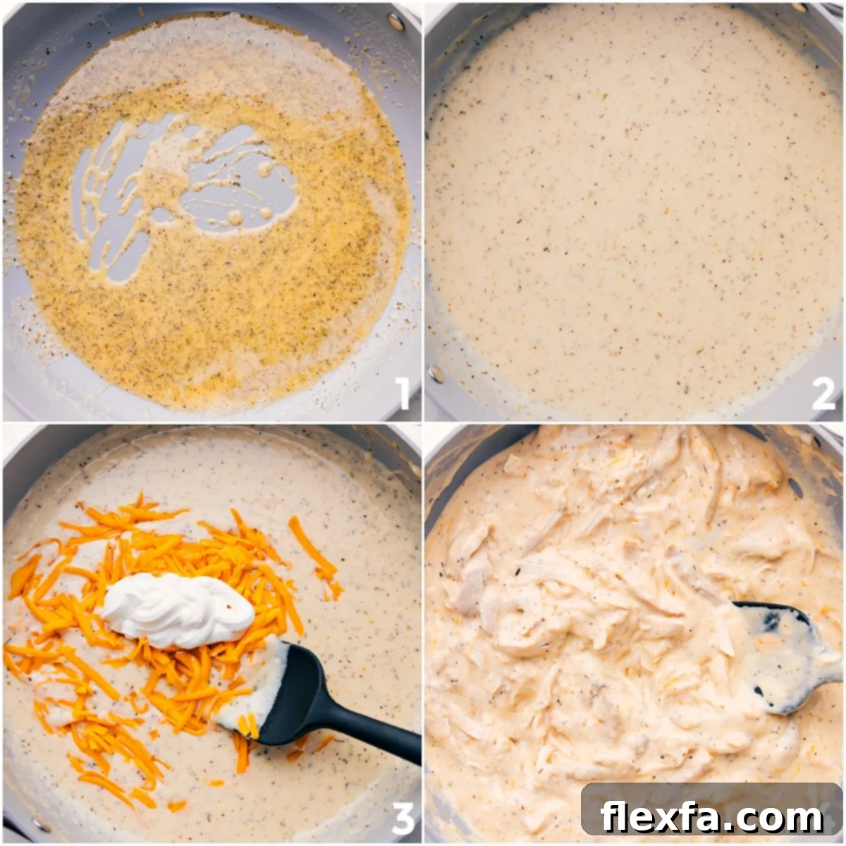 Whisking the creamy sauce in a pan before adding shredded chicken to make the gravy for Hawaiian Haystacks.