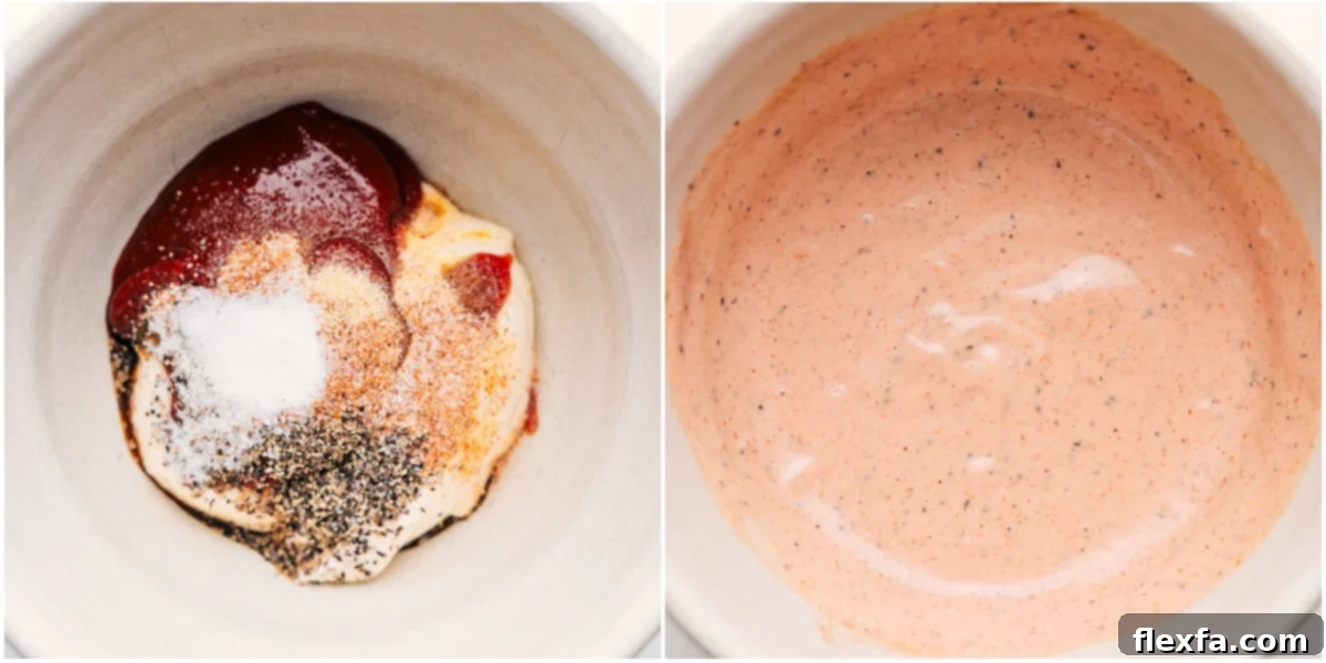All the ingredients for the Cane's sauce recipe whisked together into a smooth, creamy sauce in a glass bowl.
