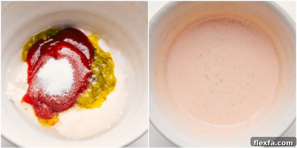 Whisking all the sauce ingredients together in a glass bowl until smooth and creamy.