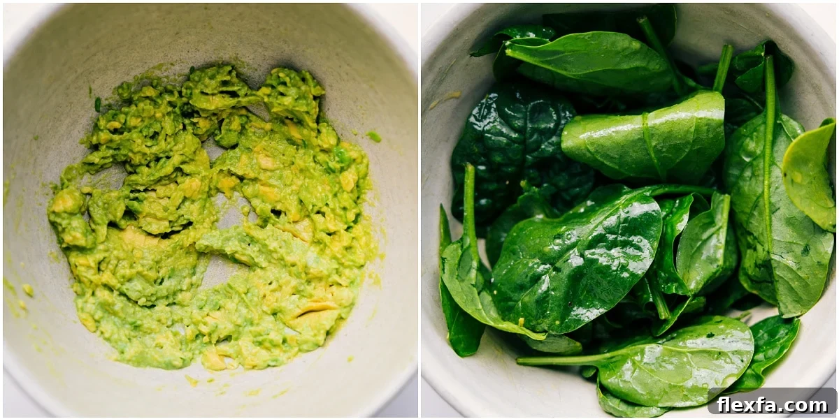 The avocado being mashed and spinach being tossed with dressing.