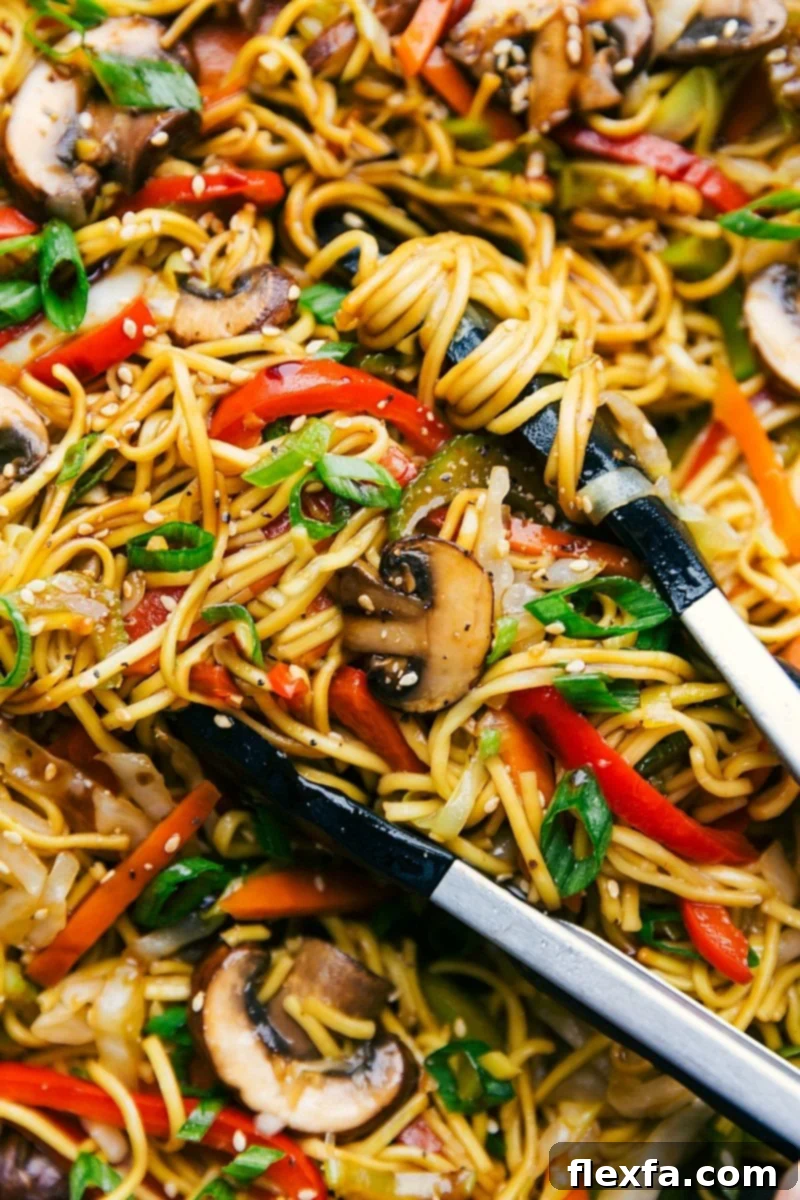 A skillet of vegetarian chow mein with noodles, vegetables, and a savory sauce.