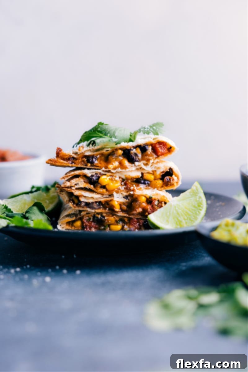 A crispy black bean quesadilla cut into wedges and served with sauce.