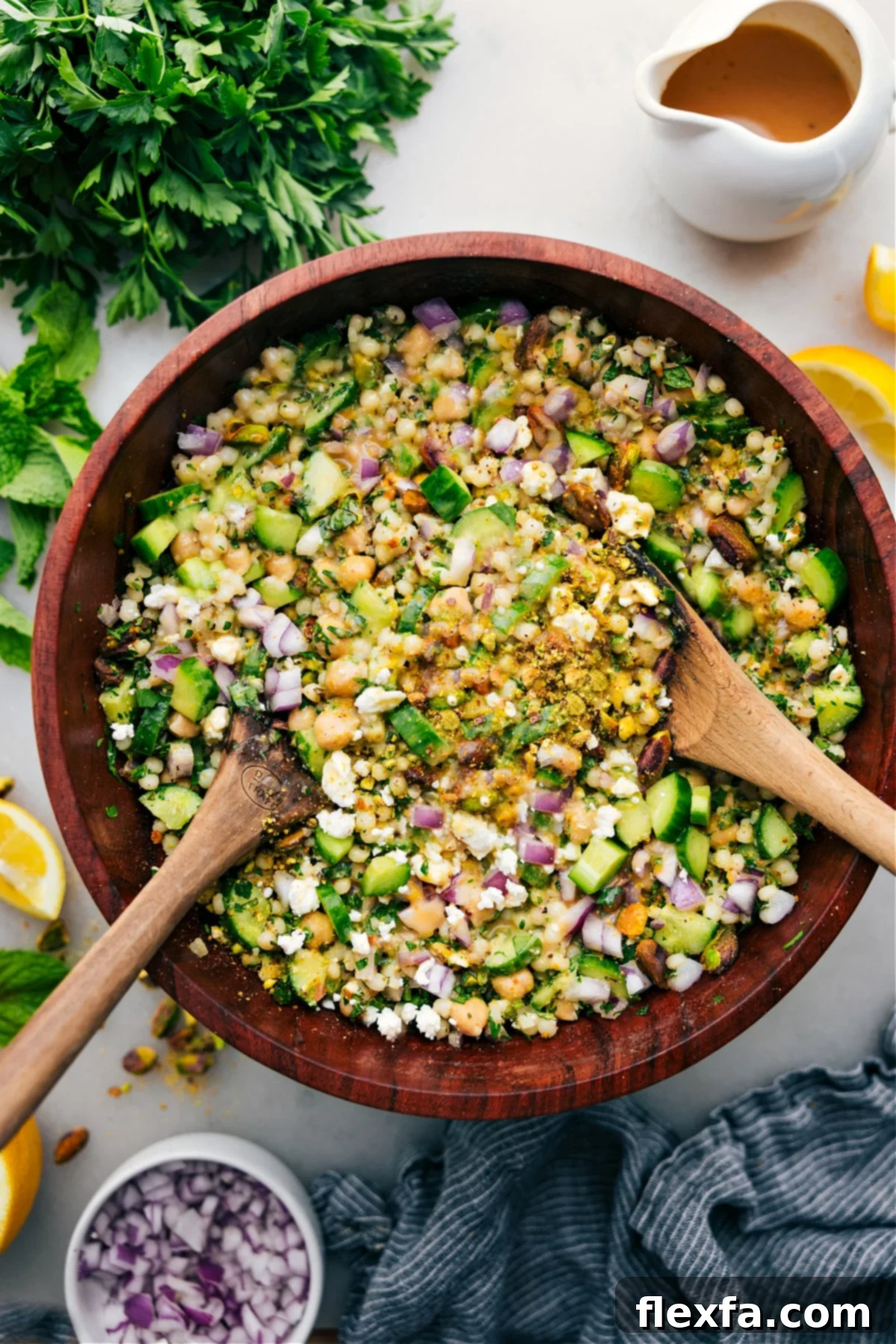 The famous Jennifer Aniston Salad in a large bowl, tossed and ready to serve.