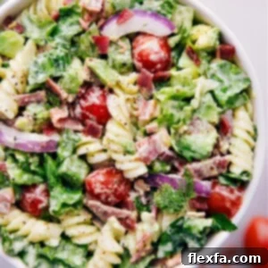 A close-up shot of the finished BLT Pasta Salad in a serving bowl.