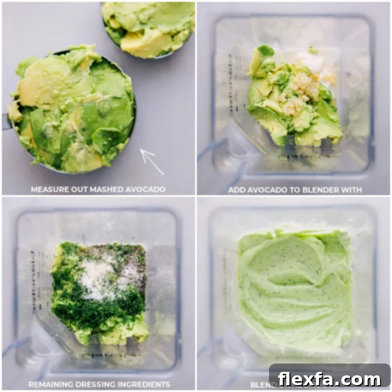 A blender filled with avocado and other ingredients for the creamy avocado ranch dressing.