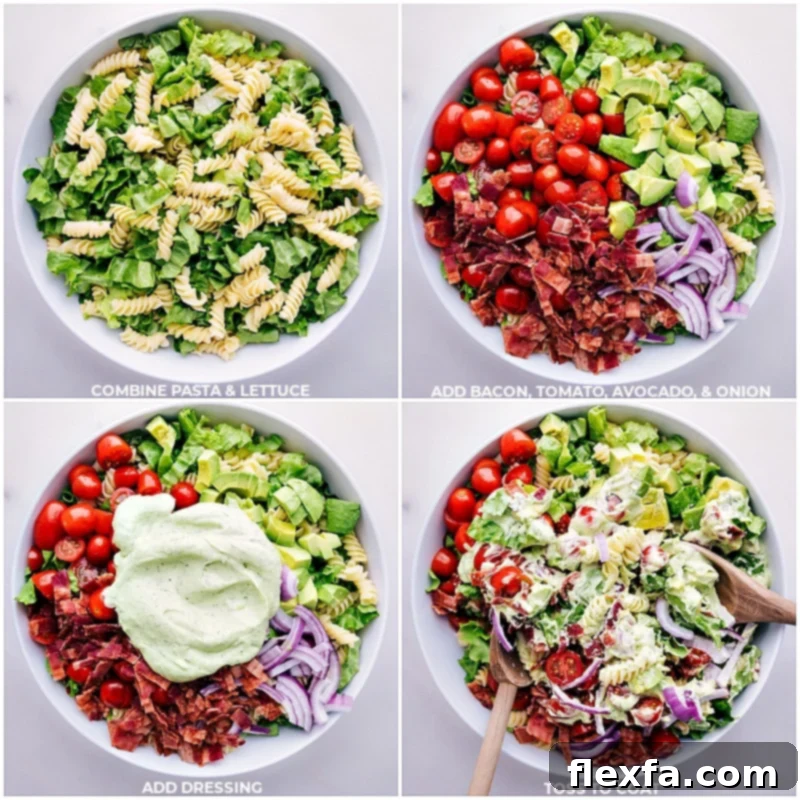 All the salad ingredients being combined and tossed in a large white bowl.
